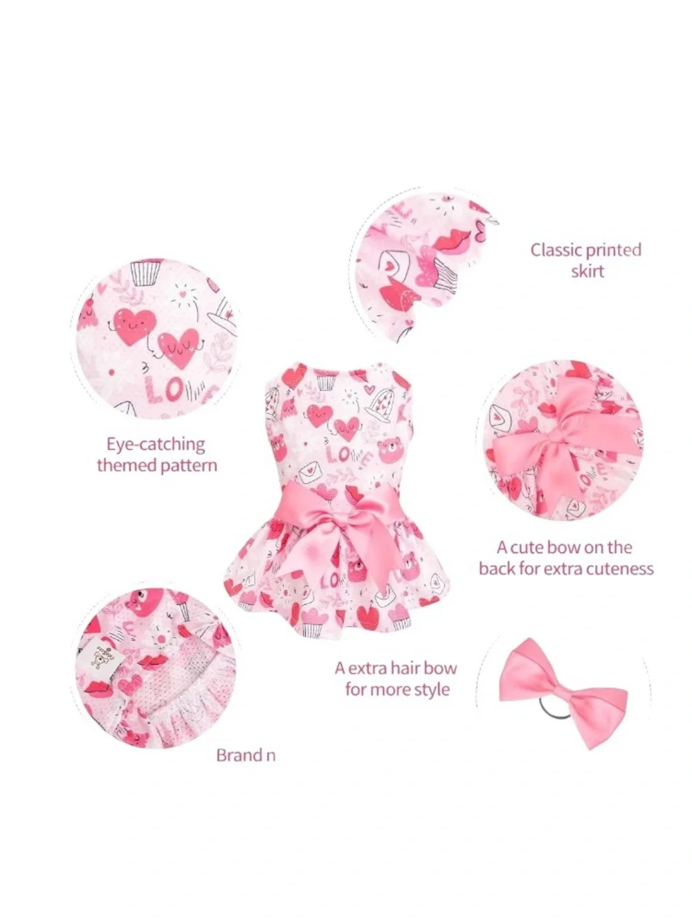 NWOT Pink Heart Print Pet Dress with Cream Bow Size Small